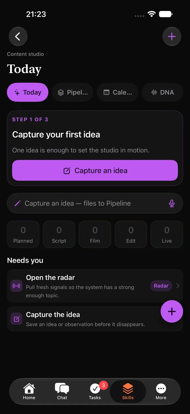 Tela de Content real: pipeline de ideias e roteiros