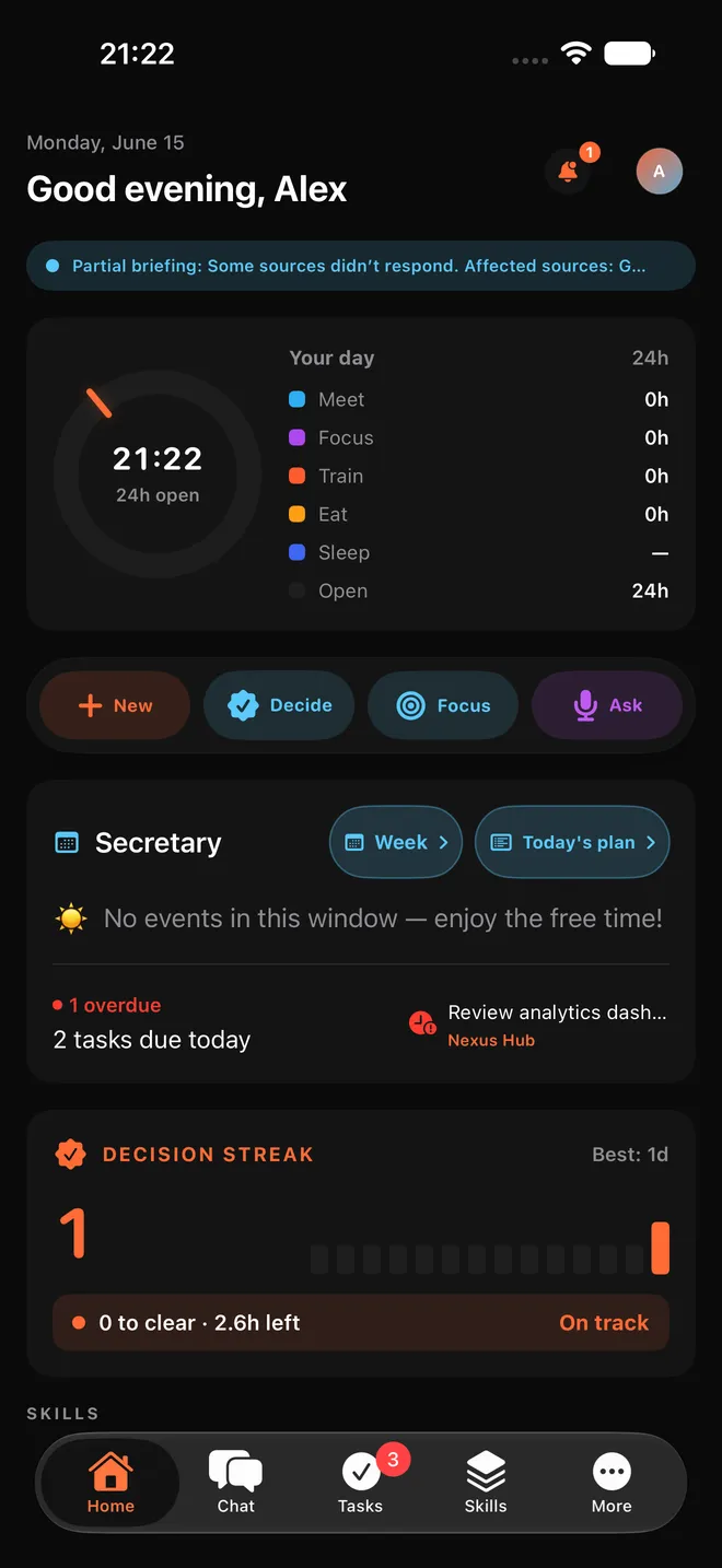 Tela Home real do Nexus Hub: agenda do dia, ações rápidas e tarefas
